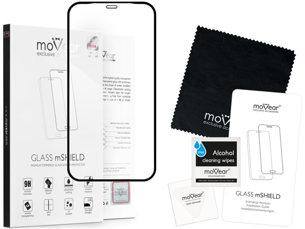 Zawartość zestawu moVear GLASS mSHIELD 2.5D MAX na Apple iPhone 11 Pro Max / Xs MAX Co zawiera oryginalne opakowanie szkła moVear GLASS mSHIELD 2.5D MAX do Apple iPhone 11 Pro Max / Xs MAX (6.5