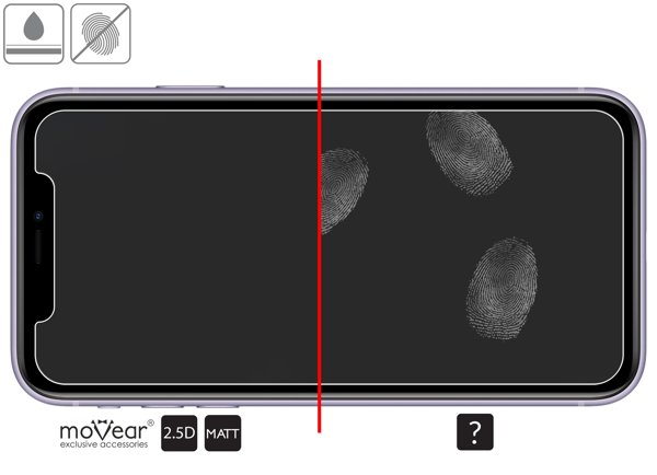 Zalety powierzchni oleofobowej szkła ochronnego moVear GLASS mSHIELD 2.5D MATT na iPhone 11 / iPhone Xr Powłoka oleofobowa na matowym szkle hartowanym moVear GLASS mSHIELD 2.5D MATT do Apple iPhone 11 / Xr z ekranem o przekątnej 6.1 cala