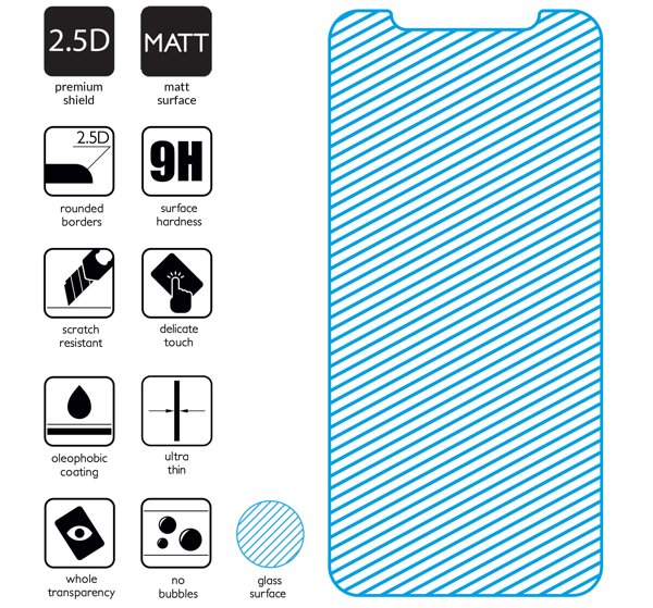 Podsumowanie cech szkła hartowanego moVear GLASS mSHIELD 2.5D MATT na Apple iPhone 11 / Xr z ekranem o przekątnej 6.1 cala Najnowsze technologie w szkle hartowanym dla GLASS mSHIELD 2.5D MATT do iPhone 11 / iPhone Xr (6.1