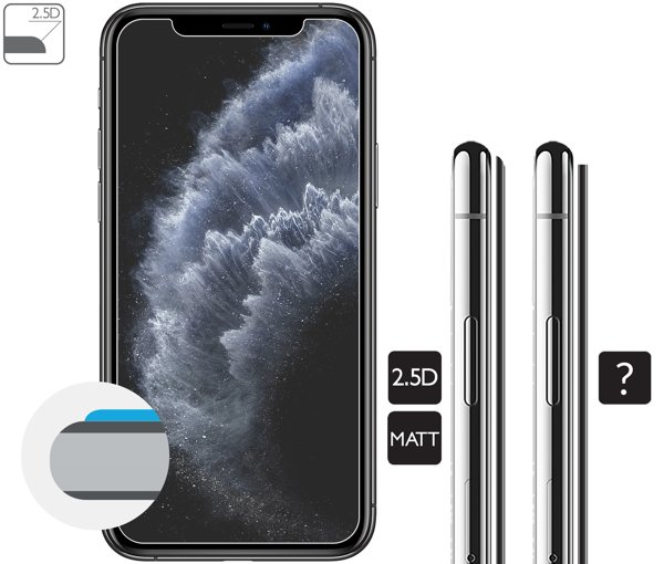 Opis graficzny krawędzi 2.5D szkła hartowanego moVear GLASS mSHIELD 2.5D MATT na iPhone 11 Pro / iPhone Xs / X Zaokrąglone bezpieczne krawędzie 2.5D szkła moVear mSHIELD 2.5D MATT dla Apple iPhone 11 Pro / Xs / X.