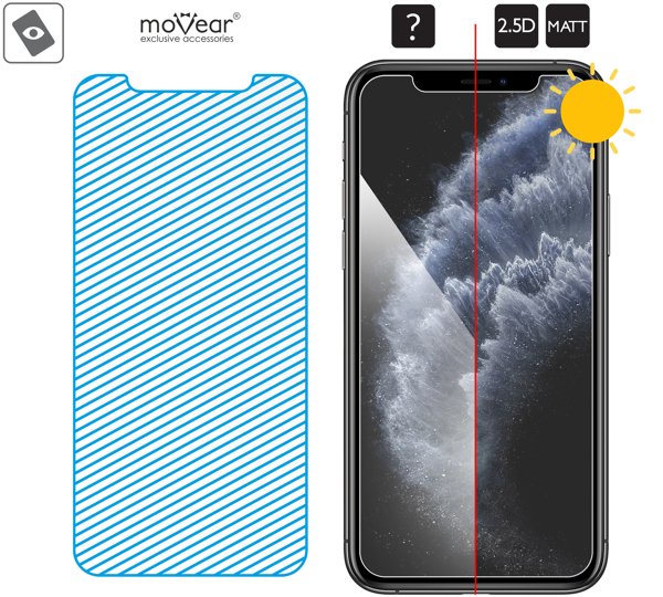 Obszar szklanej powierzchni mARG™ moVear GLASS mSHIELD 2.5D MATT na Apple iPhone 11 Pro / Xs / X Prawdziwe szkło znajduje się na całej powierzchni protektora moVear GLASS mSHIELD 2.5D MATT do iPhone 11 Pro / iPhone Xs / X.
