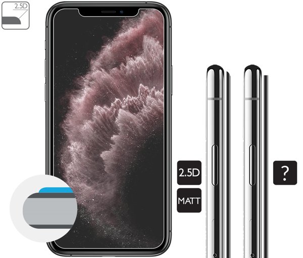 Opis graficzny krawędzi 2.5D szkła hartowanego moVear GLASS mSHIELD 2.5D MATT na Apple iPhone 11 Pro Max / Xs MAX (6.5 Zaokrąglone bezpieczne krawędzie 2.5D szkła moVear mSHIELD 2.5D MATT dla iPhone 11 Pro Max / iPhone Xs MAX (6.5