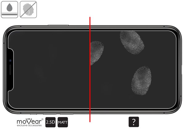 Zalety powierzchni oleofobowej szkła ochronnego moVear GLASS mSHIELD 2.5D MATT na Apple iPhone 11 Pro Max / Xs MAX Powłoka oleofobowa na matowym szkle hartowanym moVear GLASS mSHIELD 2.5D MATT do Apple iPhone 11 Pro Max / Xs MAX z ekranem o przekątnej 6.5 cala
