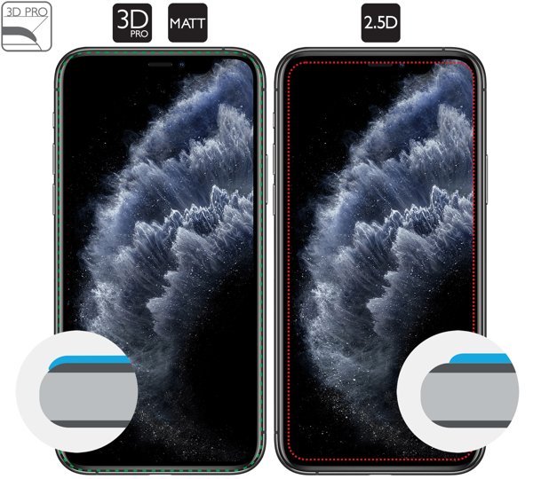 Opis graficzny krawędzi 3D PRO szkła hartowanego moVear GLASS mSHIELD 3D PRO MATT na iPhone 11 Pro / iPhone Xs / X (5.8 Zakrzywione krawędzie 3D PRO matowego szkła moVear chronią cały ekran Apple iPhone 11 Pro / Xs / X na całej powierzchni.
