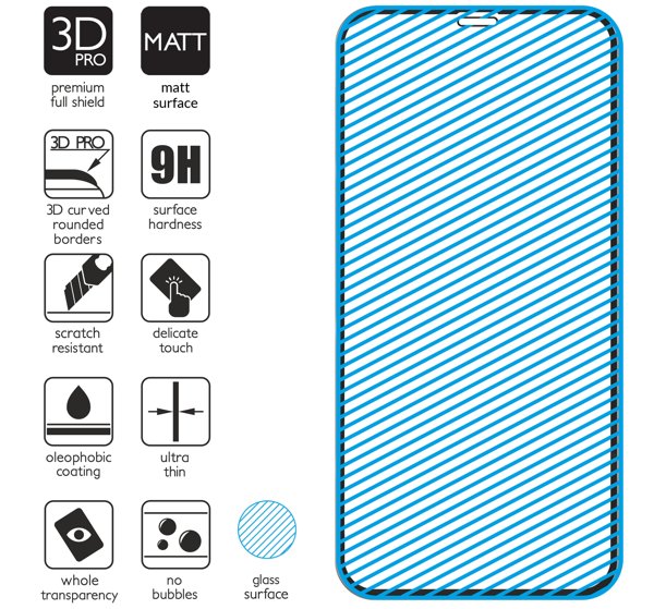 Podsumowanie cech szkła hartowanego moVear GLASS mSHIELD 3D PRO MATT na Apple iPhone 11 Pro / Xs / X z ekranem o przekątnej 5.8 cala Najnowsze technologie w szkle hartowanym dla GLASS mSHIELD 3D PRO MATT do Apple iPhone 11 Pro / Xs / X (5.8