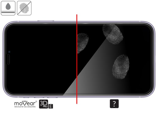 Zalety powierzchni oleofobowej szkła ochronnego moVear GLASS mSHIELD 3D PRO-E na Apple iPhone 11 Pro / Xs / X Wysokiej jakości powłoka oleofobowa na szkle hartowanym moVear GLASS mSHIELD 3D PRO-E do Apple iPhone 11 Pro / Xs / X z ekranem o przekątnej 5.8 cala