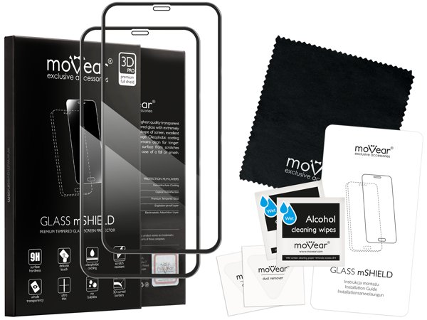 Zawartość zestawu moVear GLASS mSHIELD 3D PRO-E na iPhone 11 Pro / iPhone Xs / X Co zawiera oryginalne opakowanie szkła moVear GLASS mSHIELD 3D PRO-E do Apple iPhone 11 Pro / Xs / X (5.8