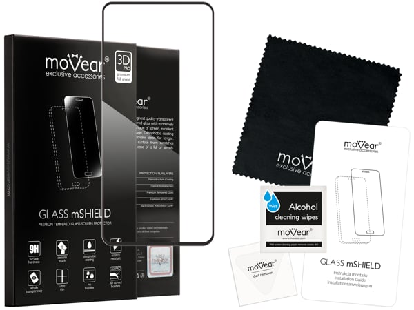 Zawartość zestawu moVear GLASS mSHIELD 3D PRO-E na Samsung S10 Lite (6.7 Co zawiera oryginalne opakowanie szkła moVear GLASS mSHIELD 3D PRO-E do Samsung S10 Lite: