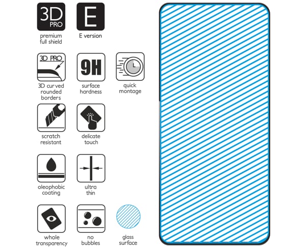 Podsumowanie cech szkła hartowanego moVear GLASS mSHIELD 3D PRO-E na Samsung Galaxy S10 Lite z ekranem o przekątnej 6.7 cala Najnowsze technologie w szkle hartowanym dla GLASS mSHIELD 3D PRO-E do Galaxy S10 Lite. Ikony cech.