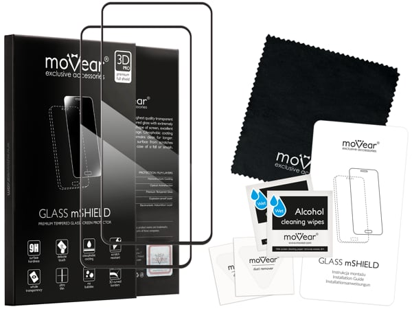 Zawartość zestawu moVear GLASS mSHIELD 3D PRO-E na Samsung Galaxy S10 Lite Co zawiera oryginalne opakowanie szkła moVear GLASS mSHIELD 3D PRO-E do Galaxy S10 Lite: