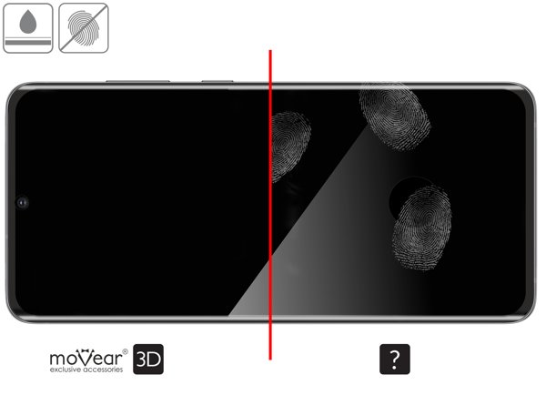 Zalety powierzchni oleofobowej szkła ochronnego moVear GLASS mSHIELD 3D na Samsung Galaxy S20 Ultra Powłoka oleofobowa na szkle hartowanym moVear GLASS mSHIELD 3D do Samsung Galaxy S20 Ultra z ekranem o przekątnej 6.9 cala