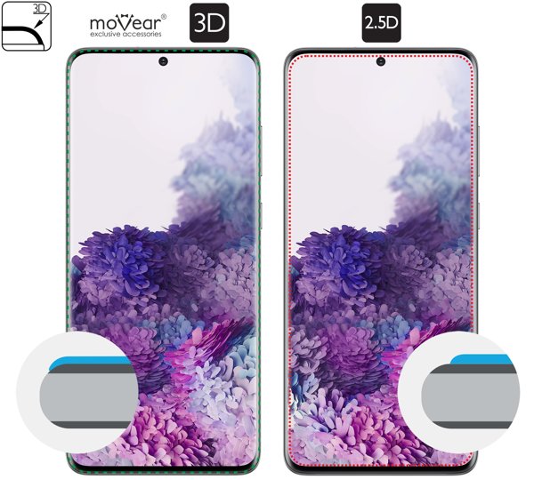 Opis graficzny krawędzi 3D szkła hartowanego moVear GLASS mSHIELD 3D na Samsung Galaxy S20 (G980) Zakrzywione krawędzie 3D szkła chronią cały ekran Samsung Galaxy S20.