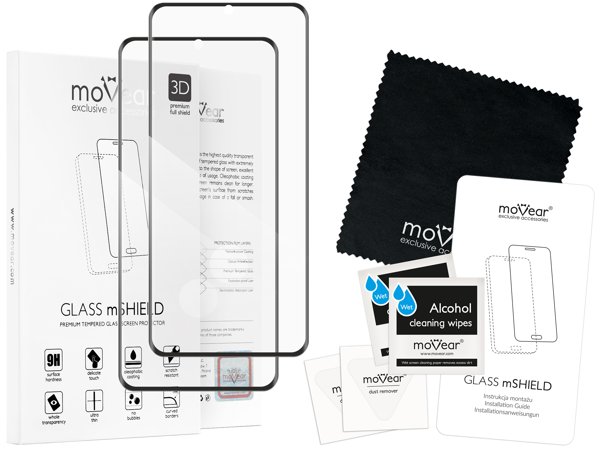 Zawartość zestawu moVear GLASS mSHIELD 3D na Samsung S20 Co zawiera oryginalne opakowanie szkła moVear GLASS mSHIELD 3D do Samsung Galaxy S20 (G980):