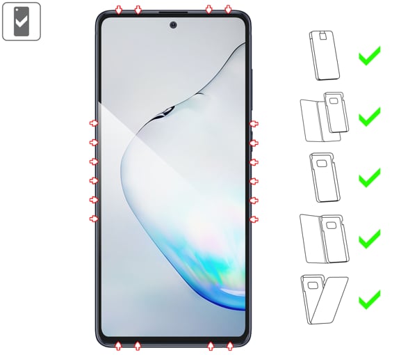 Do jakich typów etui pasuje moVear GLASS mSHIELD 2.5D MAX na Samsung Galaxy Note10 Lite (N770) GLASS mSHIELD 2.5D MAX na Samsung Note10 Lite (N770) umożliwia użytkowanie z większością etui. Zastosuj etui aby jeszcze lepiej ochronić smartfon przed uszkodzeniami.