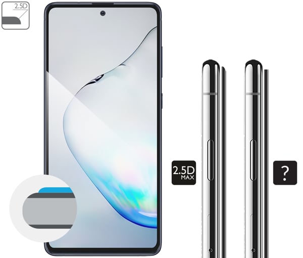 Opis graficzny krawędzi 2.5D MAX szkła hartowanego moVear GLASS mSHIELD 2.5D MAX na Samsung Note10 Lite Zaokrąglone bezpieczne krawędzie 2.5D szkła moVear mSHIELD 2.5D MAX dla Samsung Galaxy Note10 Lite (6.7