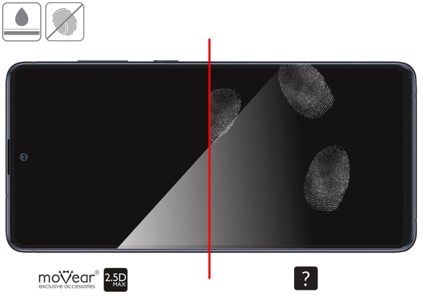 Zalety powierzchni oleofobowej szkła ochronnego moVear GLASS mSHIELD 2.5D MAX na Galaxy Note 10 Lite Powłoka oleofobowa na szkle hartowanym moVear GLASS mSHIELD 2.5D MAX do Samsung Galaxy Note 10 Lite z ekranem o przekątnej 6.7 cala