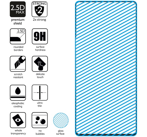 Podsumowanie cech szkła hartowanego moVear GLASS mSHIELD 2.5D MAX na Samsung Galaxy Note 10 Lite z ekranem o przekątnej 6.7 cala Najnowsze technologie w szkle hartowanym dla GLASS mSHIELD 2.5D MAX do Samsung Note10 Lite (N770). Ikony cech.