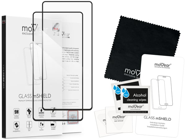 Zawartość zestawu moVear GLASS mSHIELD 2.5D MAX na Galaxy Note 10 Lite Co zawiera oryginalne opakowanie szkła moVear GLASS mSHIELD 2.5D MAX do Galaxy Note 10 Lite: