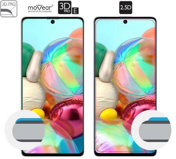 Opis graficzny krawędzi 3D PRO-E szkła hartowanego moVear GLASS mSHIELD 3D PRO-E na Galaxy A71 Zakrzywione krawędzie moVear GLASS mSHIELD 3D PRO-E szkła chronią cały ekran Samsung A71 (A715) na całej powierzchni.