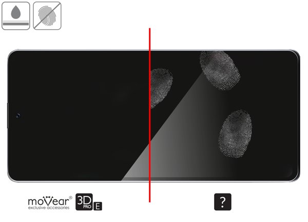 Zalety powierzchni oleofobowej szkła ochronnego moVear GLASS mSHIELD 3D PRO-E na Samsung A71 (6.7 Wysokiej jakości powłoka oleofobowa na szkle hartowanym moVear GLASS mSHIELD 3D PRO-E do Samsung Galaxy A71 z ekranem o przekątnej 6.7 cala