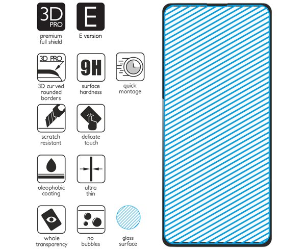 Podsumowanie cech szkła hartowanego moVear GLASS mSHIELD 3D PRO-E na Samsung Galaxy A71 z ekranem o przekątnej 6.7 cala Najnowsze technologie w szkle hartowanym dla GLASS mSHIELD 3D PRO-E do Samsung A71. Ikony cech.