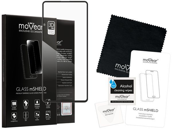 Zawartość zestawu moVear GLASS mSHIELD 3D PRO-E na Samsung Galaxy A71 Co zawiera oryginalne opakowanie szkła moVear GLASS mSHIELD 3D PRO-E do Samsung Galaxy A71 (6.7