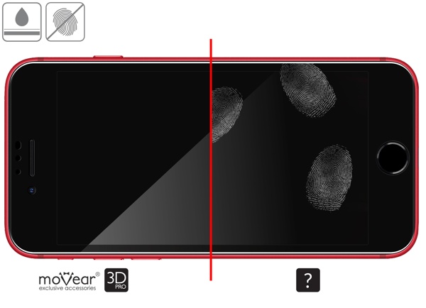 Zalety powierzchni oleofobowej szkła ochronnego moVear GLASS mSHIELD 3D PRO na iPhone SE 2022, SE 2020, 8, 7 Wysokiej jakości powłoka oleofobowa na szkle hartowanym moVear GLASS mSHIELD 3D PRO do Apple iPhone SE (2022 / 2020) / 8 / 7 z ekranem o przekątnej 4.7 cala