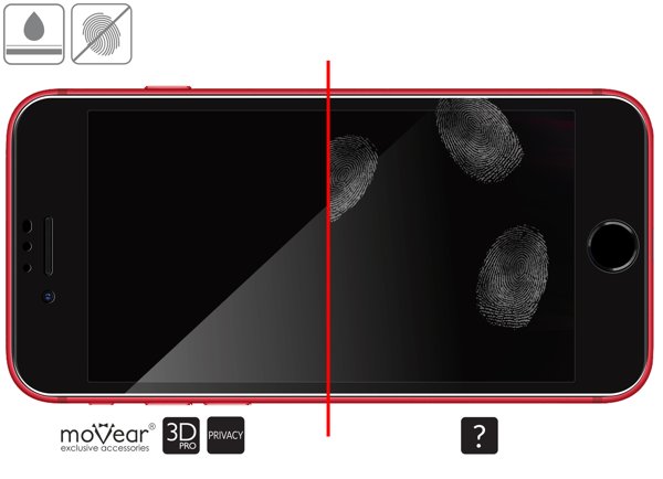 Zalety powierzchni oleofobowej szkła ochronnego moVear GLASS mSHIELD 3D PRO privacy na iPhone SE 2022, SE 2020, 8, 7 Wysokiej jakości powłoka oleofobowa na szkle hartowanym moVear GLASS mSHIELD 3D PRO privacy do Apple iPhone SE (2022 / 2020) / 8 / 7 z ekranem o przekątnej 4.7 cala