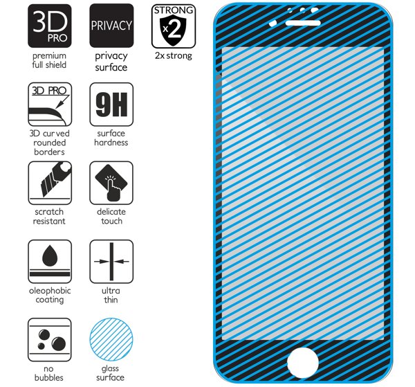 Podsumowanie cech szkła hartowanego moVear GLASS mSHIELD 3D PRO privacy na Apple iPhone SE (2022 / 2020) / 8 / 7 z ekranem o przekątnej 4.7 cala Najnowsze technologie w szkle hartowanym dla GLASS mSHIELD 3D PRO privacy do iPhone SE 2022, SE 2020, 8, 7. Ikony cech.