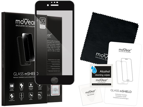 Zawartość zestawu moVear GLASS mSHIELD 3D PRO privacy na Apple iPhone SE 2/3 & 8 / 7 Co zawiera oryginalne opakowanie szkła moVear GLASS mSHIELD 3D PRO privacy do Apple iPhone SE 2/3 & 8 / 7 (4.7