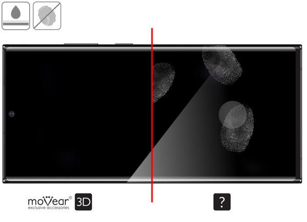 Zalety powierzchni oleofobowej szkła ochronnego moVear GLASS mSHIELD 3D na Samsung Note20 Ultra (N986) Powłoka oleofobowa na szkle hartowanym moVear GLASS mSHIELD 3D do Samsung Galaxy Note 20 Ultra z ekranem o przekątnej 6.9 cala