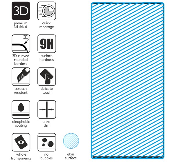 Podsumowanie cech szkła hartowanego moVear GLASS mSHIELD 3D na Samsung Galaxy Note 20 Ultra z ekranem o przekątnej 6.9 cala Najnowsze technologie w szkle hartowanym dla GLASS mSHIELD 3D do Samsung Note20 Ultra. Ikony cech.