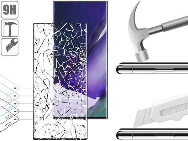 Budowa i wytrzymałość szkła hartowanego moVear GLASS mSHIELD 3D na Samsung Note20 Ultra (N986) Wytrzymałe szkło moVear GLASS mSHIELD 3D ochroni ekran Twojego Samsung Note20 Ultra. Wizualizacja warstw i powłok produktu.
