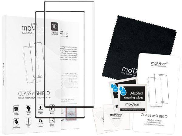 Zawartość zestawu moVear GLASS mSHIELD 3D na Samsung Galaxy Note20 Ultra (N986) Co zawiera oryginalne opakowanie szkła moVear GLASS mSHIELD 3D do Galaxy Note 20 Ultra: