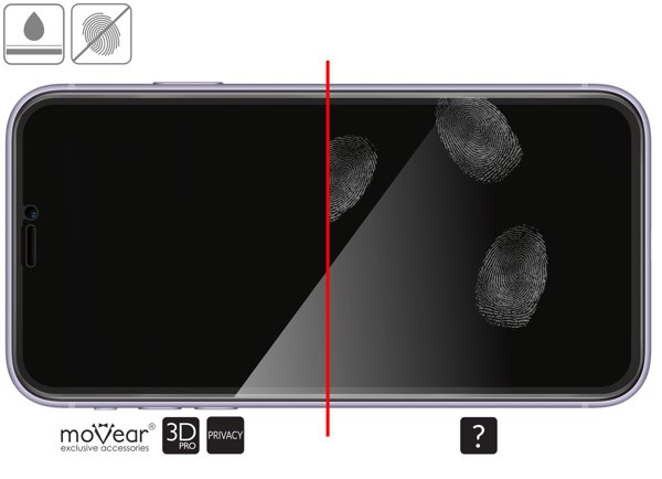 Zalety powierzchni oleofobowej szkła ochronnego moVear GLASS mSHIELD 3D PRO privacy na iPhone 11 Pro / iPhone Xs / X Wysokiej jakości powłoka oleofobowa na szkle hartowanym moVear GLASS mSHIELD 3D PRO privacy do Apple iPhone 11 Pro / Xs / X z ekranem o przekątnej 5.8 cala