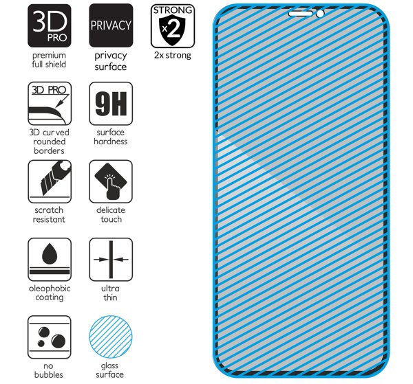 Podsumowanie cech szkła hartowanego moVear GLASS mSHIELD 3D PRO privacy na Apple iPhone 11 Pro / Xs / X z ekranem o przekątnej 5.8 cala Najnowsze technologie w szkle hartowanym dla GLASS mSHIELD 3D PRO privacy do iPhone 11 Pro / iPhone Xs / X (5.8
