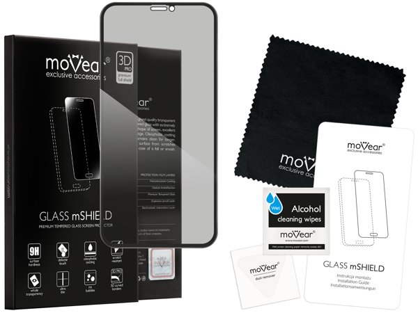 Zawartość zestawu moVear GLASS mSHIELD 3D PRO privacy na Apple iPhone 11 Pro / Xs / X (5.8 Co zawiera oryginalne opakowanie szkła moVear GLASS mSHIELD 3D PRO privacy do Apple iPhone 11 Pro / Xs / X (5.8