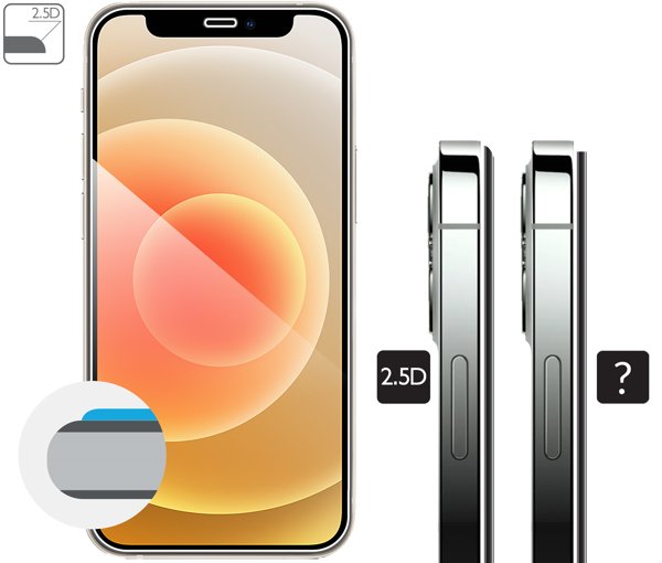 Opis graficzny krawędzi 2.5D szkła hartowanego moVear GLASS mSHIELD 2.5D na iPhone 12 Mini (5.4 Zaokrąglone bezpieczne krawędzie 2.5D szkła moVear dla iPhone 12 Mini.