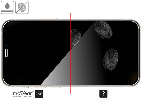 Zalety powierzchni oleofobowej szkła ochronnego moVear GLASS mSHIELD 2.5D na Apple iPhone 12 Mini (5.4 Powłoka oleofobowa na matowym szkle hartowanym moVear GLASS mSHIELD 2.5D do Apple iPhone 12 Mini z ekranem o przekątnej 5.4 cala