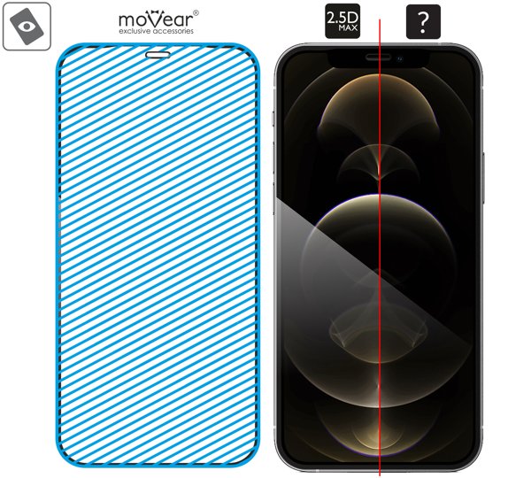 Obszar szklanej powierzchni mARG™ moVear GLASS mSHIELD 2.5D MAX na iPhone 12 Pro Max Prawdziwe szkło w technologii mARG™ znajduje się na całej powierzchni protektora moVear GLASS mSHIELD 2.5D MAX do iPhone 12 Pro Max (6.7