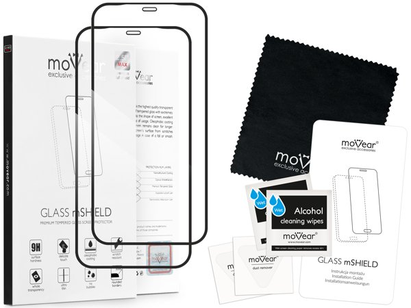 Zawartość zestawu moVear GLASS mSHIELD 2.5D MAX na iPhone 12 Pro Max Co zawiera oryginalne opakowanie szkła moVear GLASS mSHIELD 2.5D MAX do iPhone 12 Pro Max:
