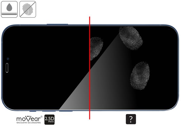 Zalety powierzchni oleofobowej szkła ochronnego moVear GLASS mSHIELD 2.5D MAX na Apple iPhone 12 Pro / 12 (6.1 Powłoka oleofobowa na szkle hartowanym moVear GLASS mSHIELD 2.5D MAX do Apple iPhone 12 Pro / 12 z ekranem o przekątnej 6.1 cala