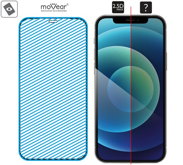 Obszar szklanej powierzchni mARG™ moVear GLASS mSHIELD 2.5D MAX na iPhone 12 Pro / 12 (6.1 Prawdziwe szkło w technologii mARG™ znajduje się na całej powierzchni protektora moVear GLASS mSHIELD 2.5D MAX do iPhone 12 Pro / 12.