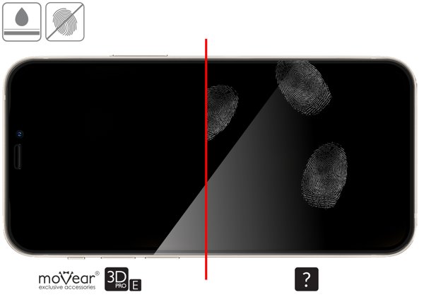 Zalety powierzchni oleofobowej szkła ochronnego moVear GLASS mSHIELD 3D PRO-E na Apple iPhone 12 Mini (5.4 Wysokiej jakości powłoka oleofobowa na szkle hartowanym moVear GLASS mSHIELD 3D PRO-E do Apple iPhone 12 Mini z ekranem o przekątnej 5.4 cala