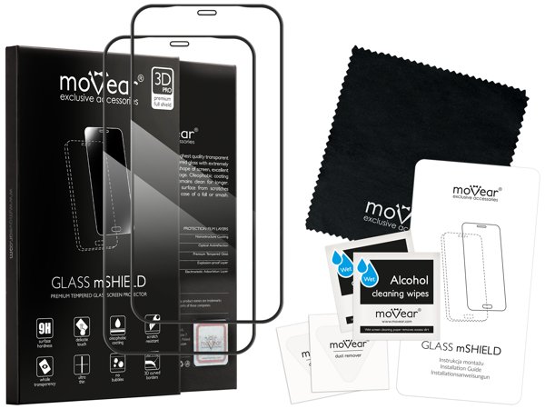 Zawartość zestawu moVear GLASS mSHIELD 3D PRO-E na Apple iPhone 12 Mini (5.4 Co zawiera oryginalne opakowanie szkła moVear GLASS mSHIELD 3D PRO-E do iPhone 12 Mini (5.4