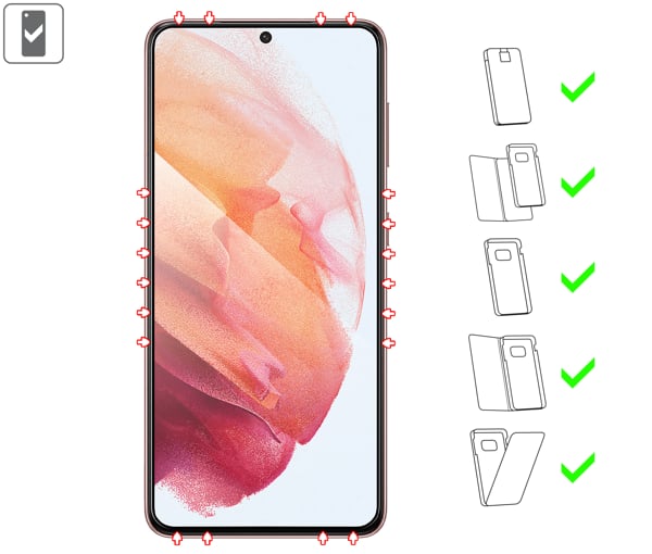 Do jakich typów etui pasuje moVear GLASS mSHIELD 2.5D MAX na Samsung Galaxy S21 GLASS mSHIELD 2.5D MAX na Samsung S21 (G991) umożliwia użytkowanie z większością etui. Zastosuj etui aby jeszcze lepiej ochronić smartfon przed uszkodzeniami.