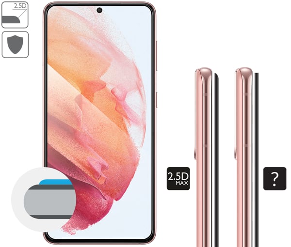 Opis graficzny krawędzi 2.5D MAX szkła hartowanego moVear GLASS mSHIELD 2.5D MAX na Samsung S21 (G991) Zaokrąglone bezpieczne krawędzie 2.5D szkła moVear mSHIELD 2.5D MAX dla Samsung Galaxy S21.