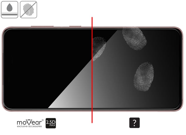 Zalety powierzchni oleofobowej szkła ochronnego moVear GLASS mSHIELD 2.5D MAX na Samsung S21 (6.2 Powłoka oleofobowa na szkle hartowanym moVear GLASS mSHIELD 2.5D MAX do Samsung Galaxy S21 z ekranem o przekątnej 6.2 cala