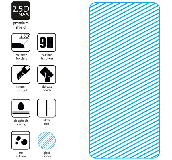 Podsumowanie cech szkła hartowanego moVear GLASS mSHIELD 2.5D MAX na Samsung Galaxy S21 z ekranem o przekątnej 6.2 cala Najnowsze technologie w szkle hartowanym dla GLASS mSHIELD 2.5D MAX do Galaxy S21. Ikony cech.