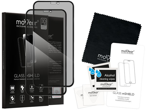 Zawartość zestawu moVear GLASS mSHIELD 3D PRO privacy na iPhone 11 Pro / iPhone Xs / X (5.8 Co zawiera oryginalne opakowanie szkła moVear GLASS mSHIELD 3D PRO privacy do iPhone 11 Pro / iPhone Xs / X (5.8